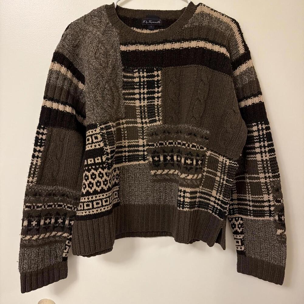 Vintage Faconnable Wool Sweater Mens Large Brown Plaid Tartan Patch Work France
